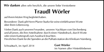 Traueranzeige von Traudl Wörler von Pegnitz-Zeitung